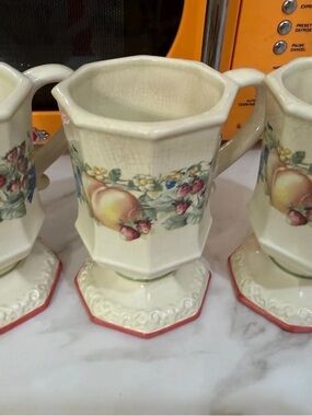 Avon Cream Ceramic Octagonal Fruit and Floral Mugs with Red Trim